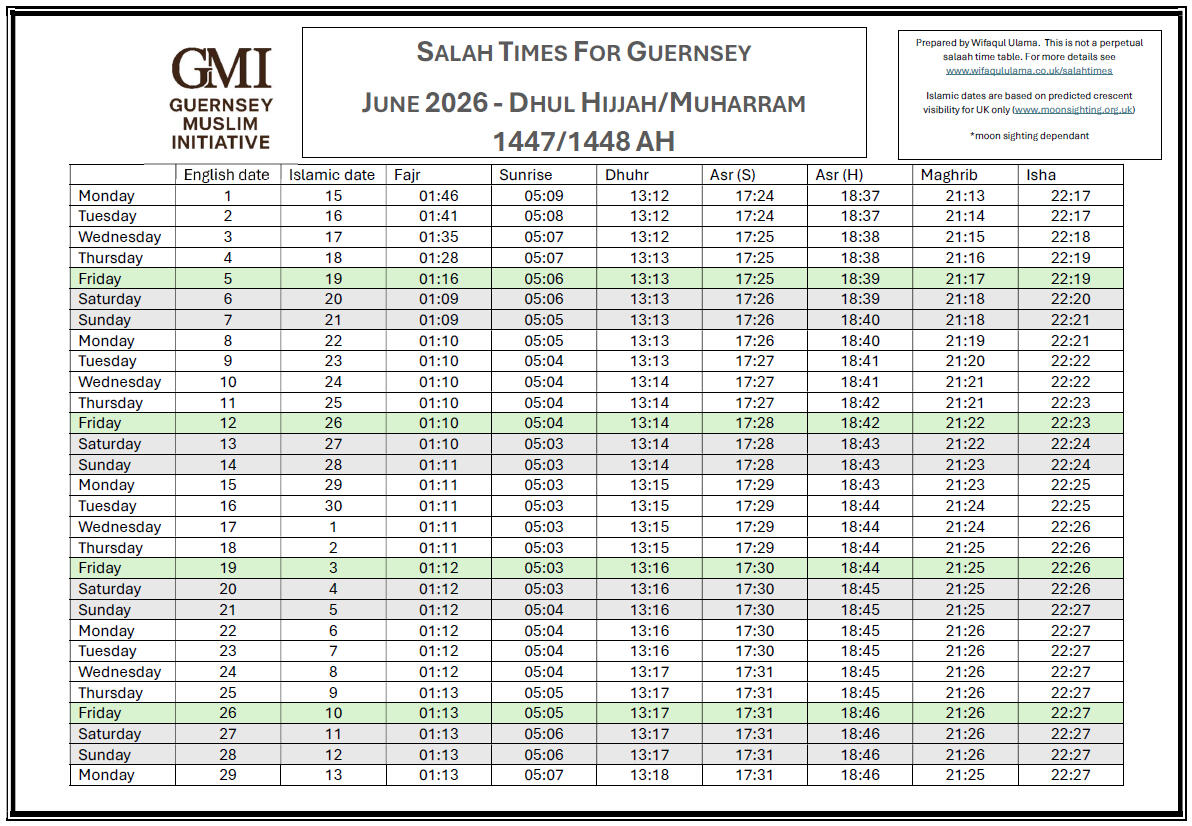 Guernsey June Salah Times 2026