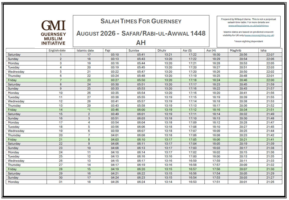 Guernsey August Salah Times 2026