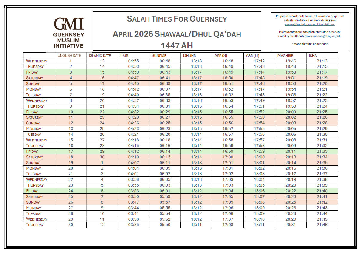 Guernsey Feb Salah Times 2026